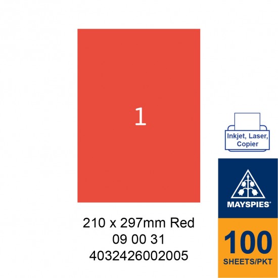MAYSPIES 09 00 31 LABEL FOR INKJET / LASER / COPIER 100 SHEETS/PKT RED 210 X 297MM